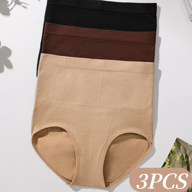 3PCS/Set Women Tummy Control Briefs Waffle Knit Panties High Waist Underwear Rhombus Jacquard Daily Wear Ladies Underpants M-XL
