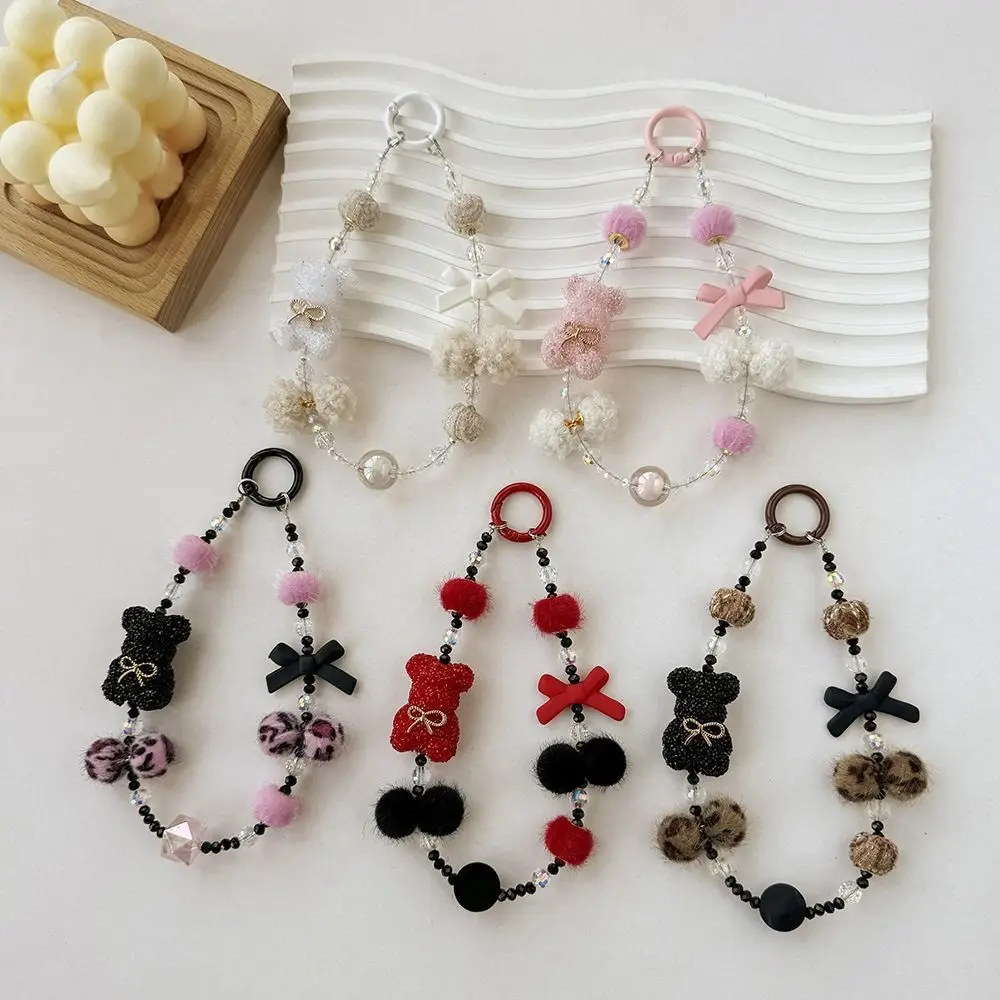 

Luxury Y2k Bear Phone Lanyard Plush Ball Leopard Car Keyring Key Decor Bowknot Bag Pendant Hanging Bag Decor