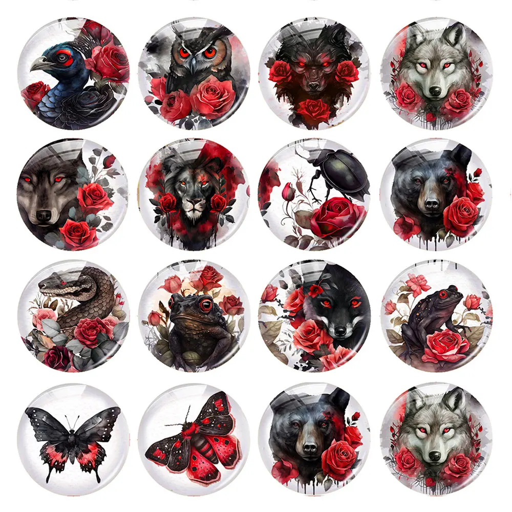 Halloween Red Black Rose Flower Animals Owl Peacock Wolf Snake Photo Glass Cabochon Flatback Demo Cameo For Diy Jewelry Making