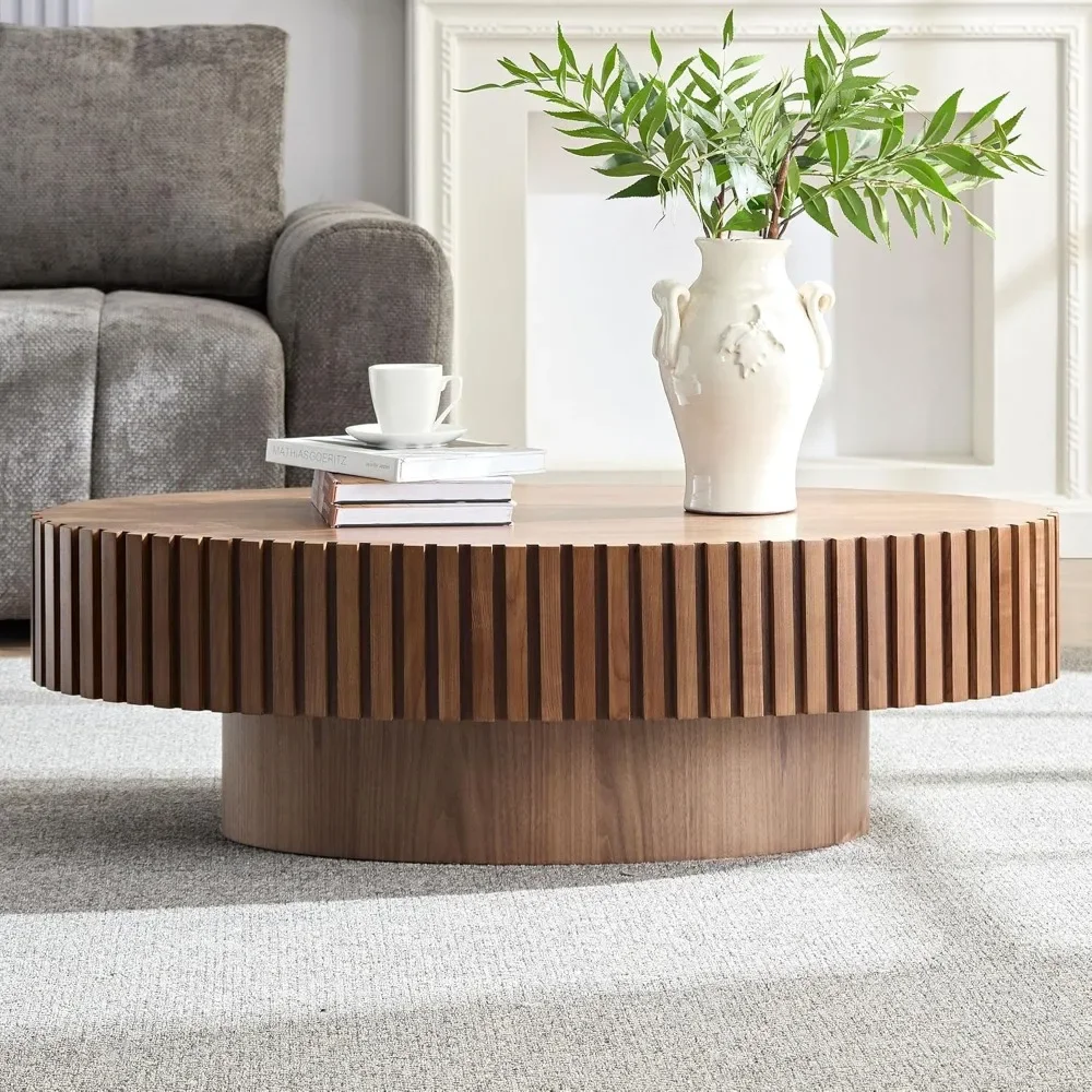 Mesa De Café Oval De Noz, Mesa de madeira moderna para sala de estar, Tambor Fluted Circle Contemporâneo