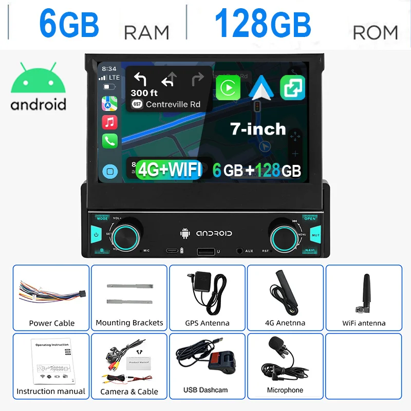 ESSGOO Autoradio Android15 7" 6+128 GB 1 DIN Handmatig Intrekbaar Uitklapbaar Aanraakscherm 4G LTE Draadloze CarPlay Android Auto RDS Equalizer GPS Navigatie WiFi Bluetooth FM AM Mirror Link