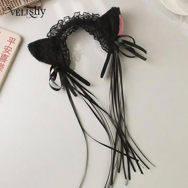 Gothic Lolita Maid Lace Ruffles Women Headband Plush Cat Ears Ribbon Bell Headbands New Lolita Cosplay Hairs Hoop Hairwear