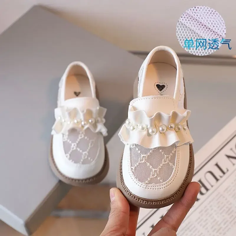 Children Leather Shoes 2023 Summer New Fashionable Single Mesh Breathable Embroidered Pearl Girls Princess Sweet Shoes