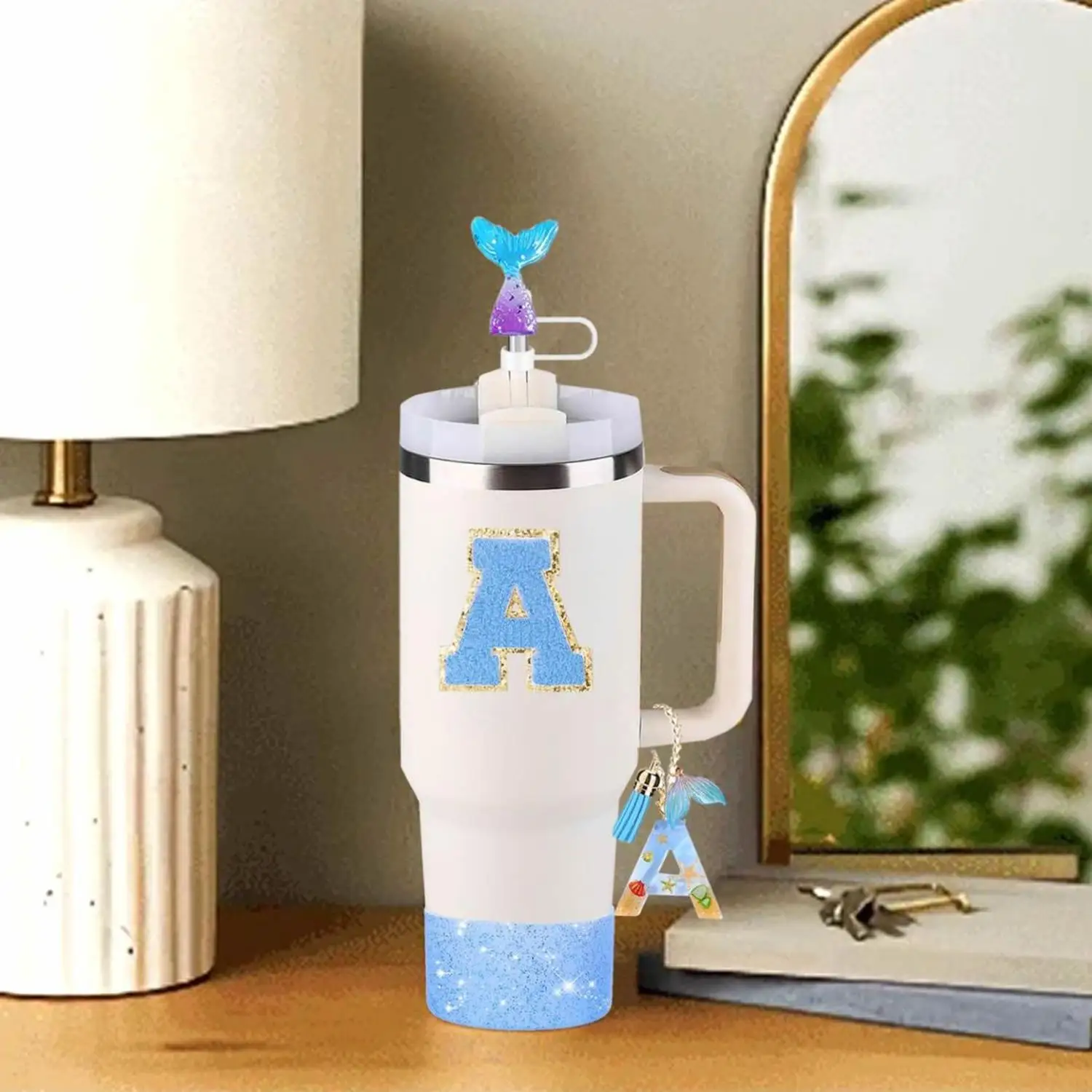 Mermaid Pendant Key Chain for Stanley Resin Letter Sequin Holder Water Cup Towel Embroidered Accessory
