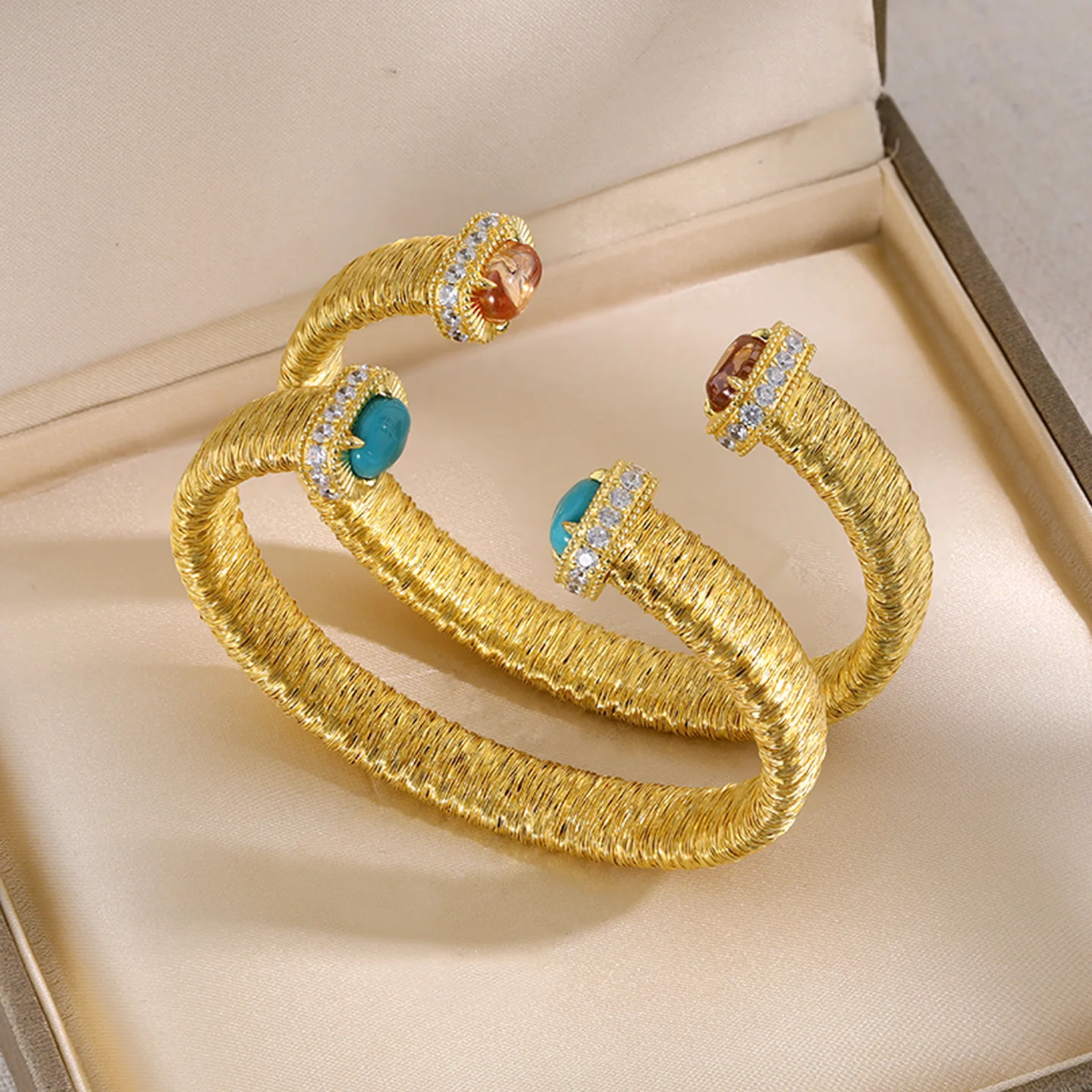 Italian Coil Wire Light Luxury Vintage Brushed Bracelet for Women, Gold-Plated Open-End with CZ Diamond & Turquoise, Fashion Ver