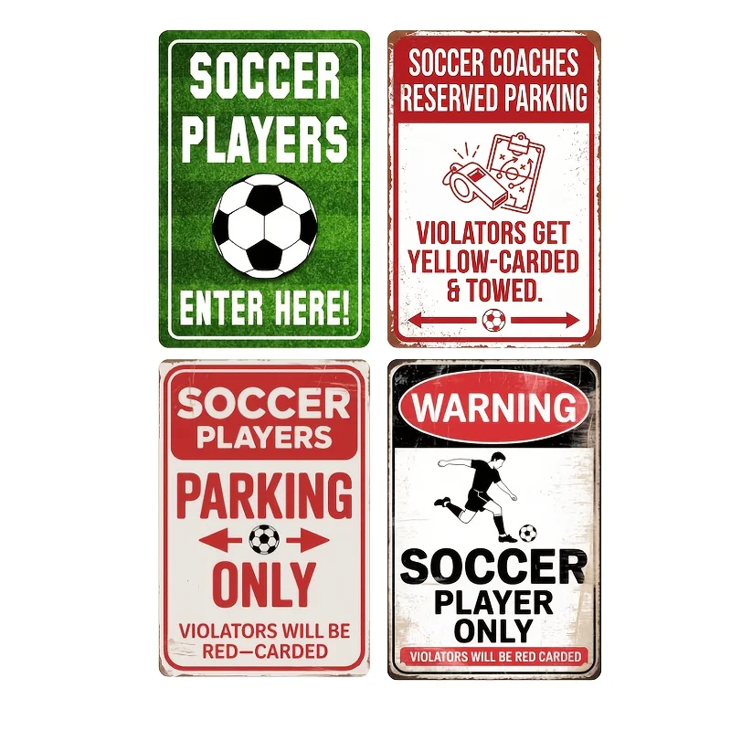 4pcs Funny Soccer Player Parking Vintage Metal Tin Signs, Retro Soccer Humor And Reserved Parking Metal Plaques Sports Room Wall