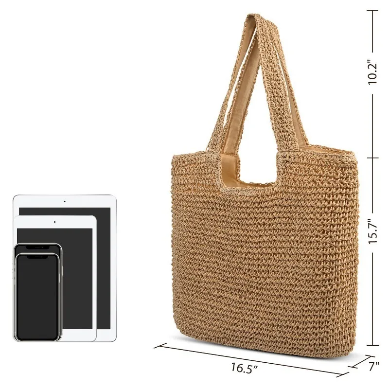 Women Straw Woven Tote Large Beach Handmade Weaving Shoulder Bag Purse Casual Handbag with Lining Pockets for Daily Use Travel