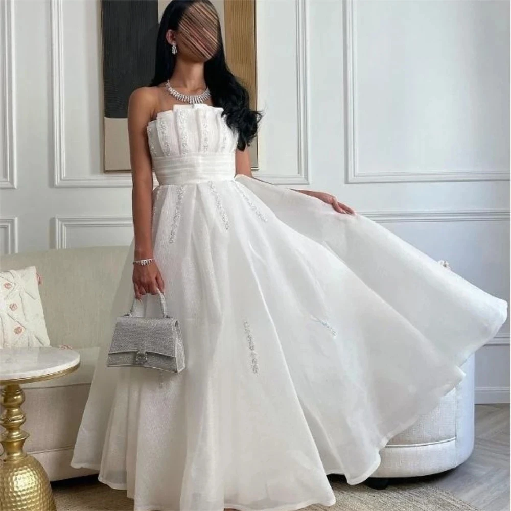 

Customized Simple Strapless White Chiffon Gowns Sequined Tiered A-line Exquisite Weeding Dress Floor Length Wedding Guest Gowns