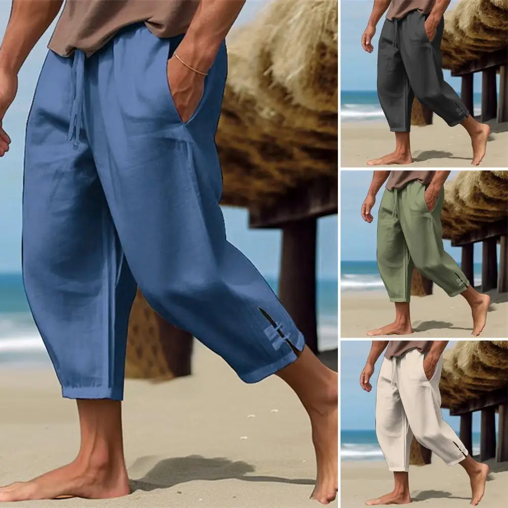 

Men Fashion Buckle Cuff Linen Pant Solid Baggy Large Pocket Bandage Ankle-Length Loose Harem Trouser Casual Drawstring Sweatpant