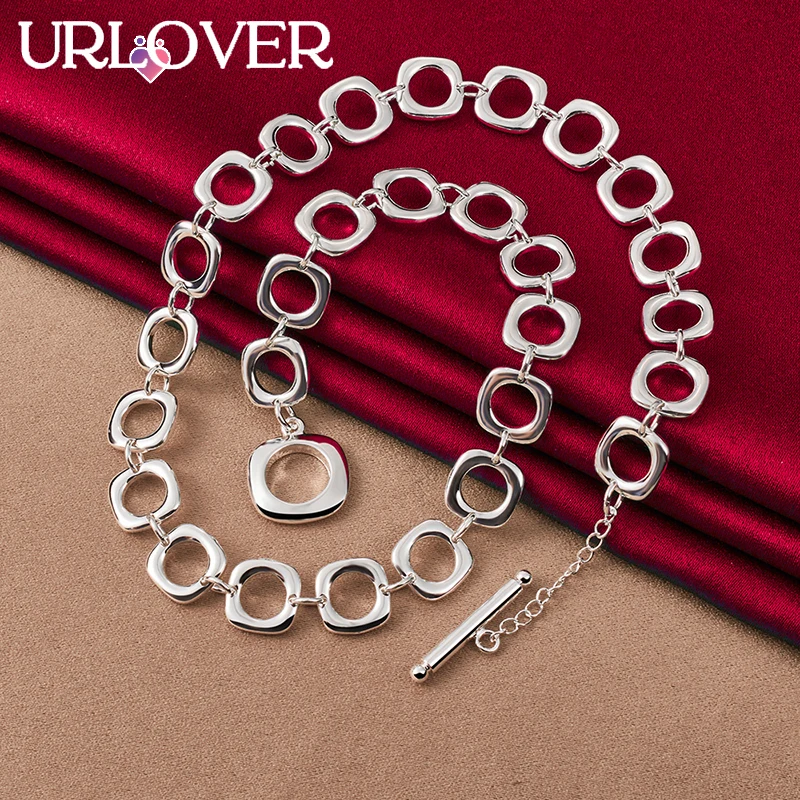 URLOVER 925 Sterling Silver Square Multi-circle Link Chain Necklace For Women Engagement Wedding Fashion Jewelry Birthday Gifts