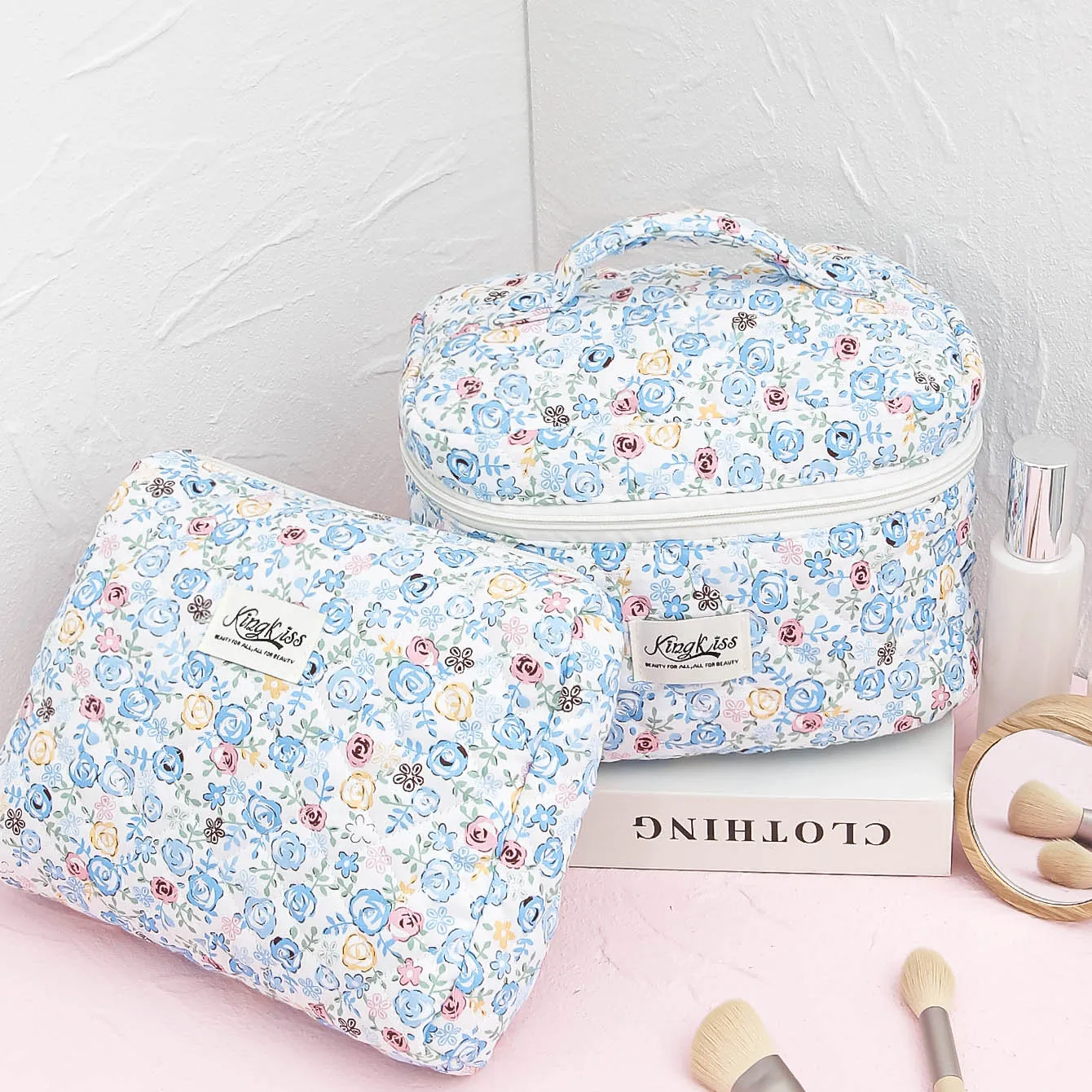 Blue Floral Makeup Bag Set With Zipper Travel Toiletry Brush Organizer Bag For Women Makeup Storage Bag Cosmetic Bag