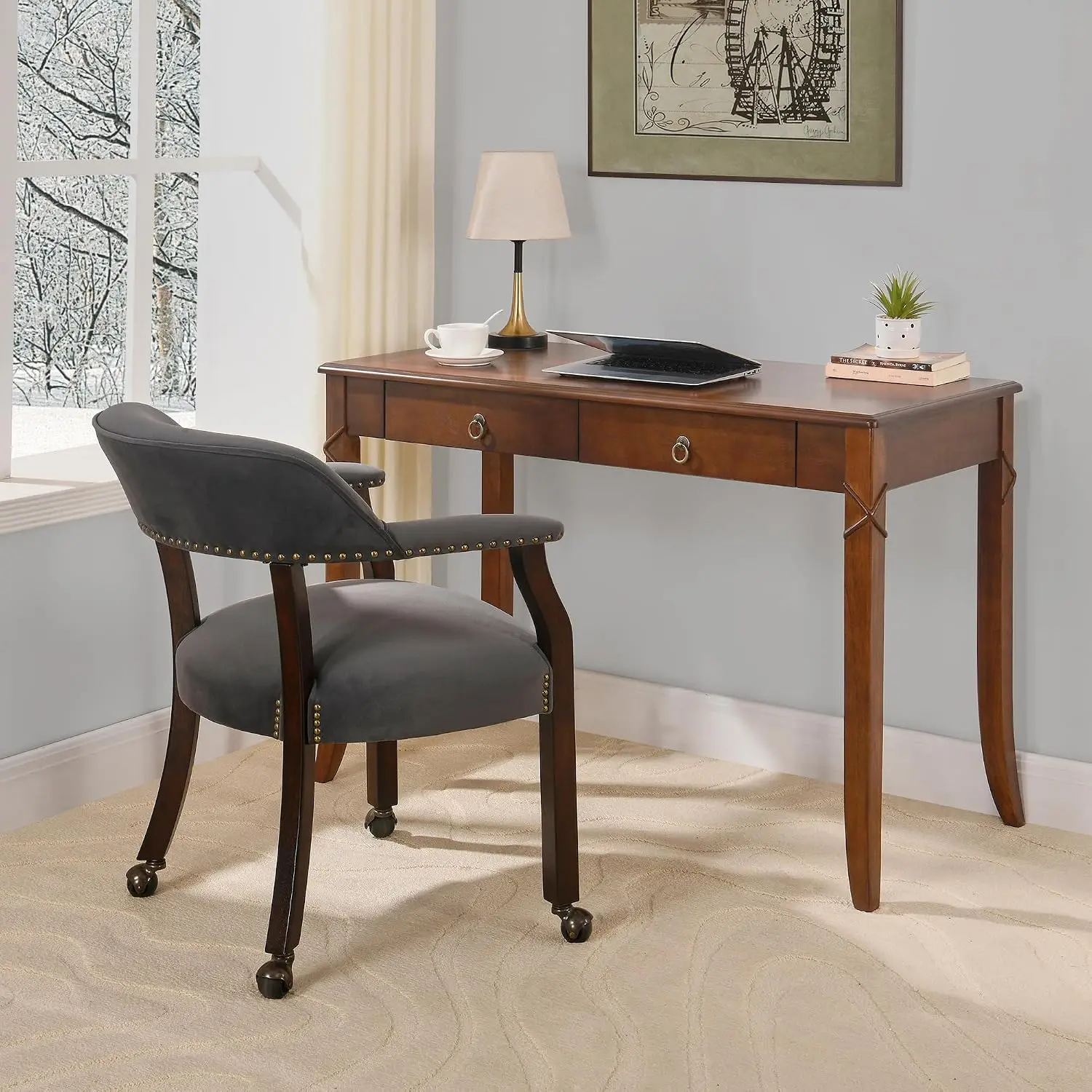 Solid Wood Desk with 2 Drawers & Carved Legs, Computer Table for Home Office Living Room, Cherry Brown, Customized