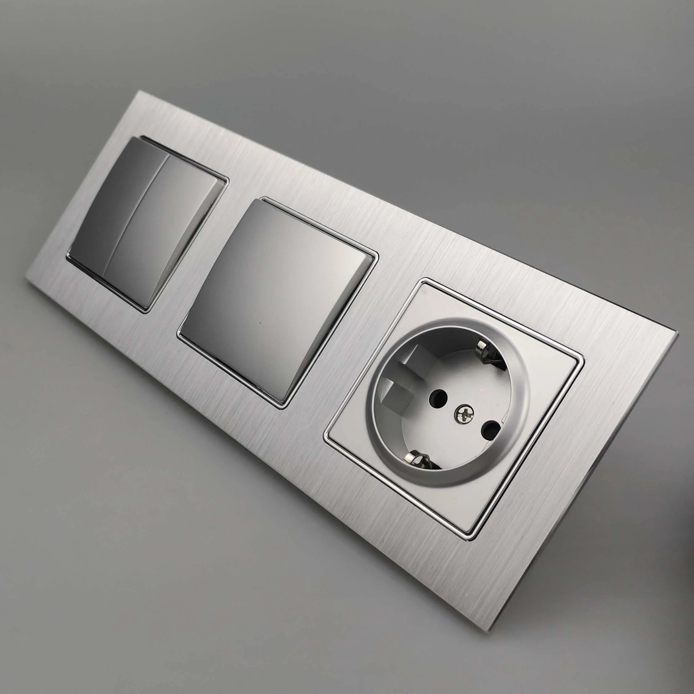 Grey Silver Metal EU Socket Wallpad 110V-240V Brushed Aluminium Frame European 16A Power Wall Sockets