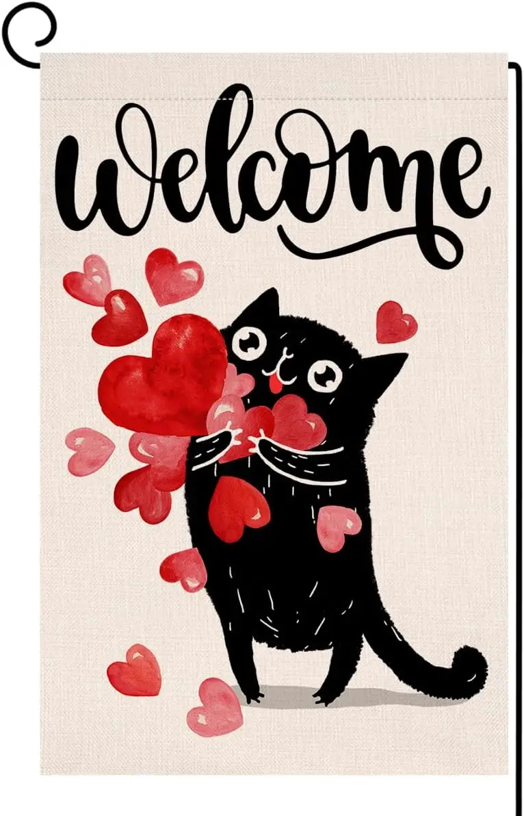 BLKWHT Valentines Cat Garden Flag 12x18 Vertical Double Sided Welcome Red Love Heart Spring Farmhouse Holiday Outside Decora yyi