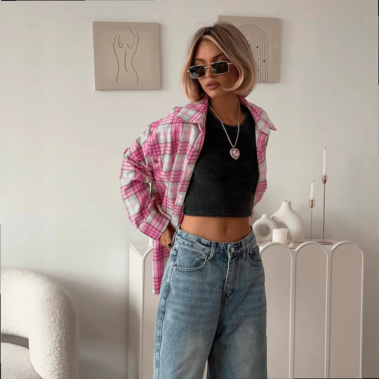 Plaid Shirt Women Oversized Blouse Detachable Collar Casual Tops Spring Summer Loose Fit Shirts