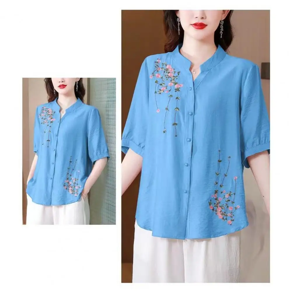 

Women Shirt Floral Embroidery Stand Collar Women's Shirt Loose Fit Short Sleeve Summer Blouse Single Breasted Spring Top Plus