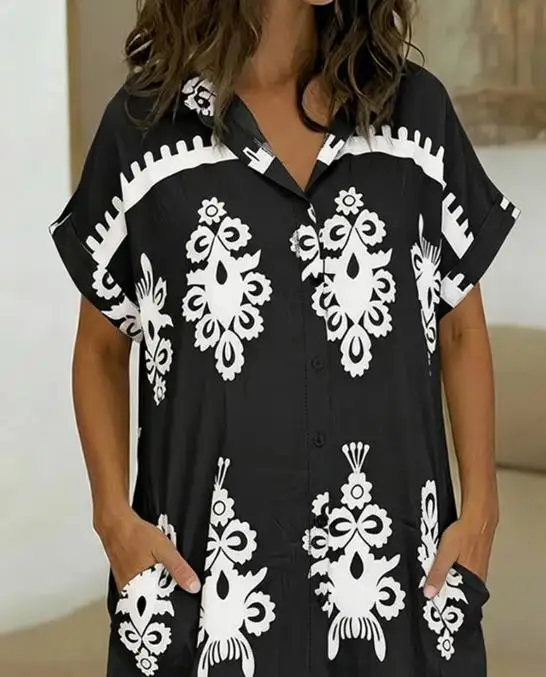 

Womens Dresses 2026 Vintage Baroque Placement Print Turn-Down Collar Rolled Cuffs Shirt Dress Casual Curved Hem Vacation Dress