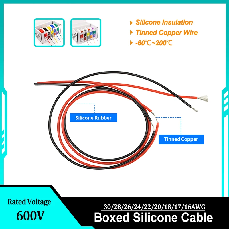 

Boxed Soft Silicone Wire 30/28/26/24/22/20/18/17/16AWG High Temperature Resistant Stranded Cable Electronic Tinned Copper Cable