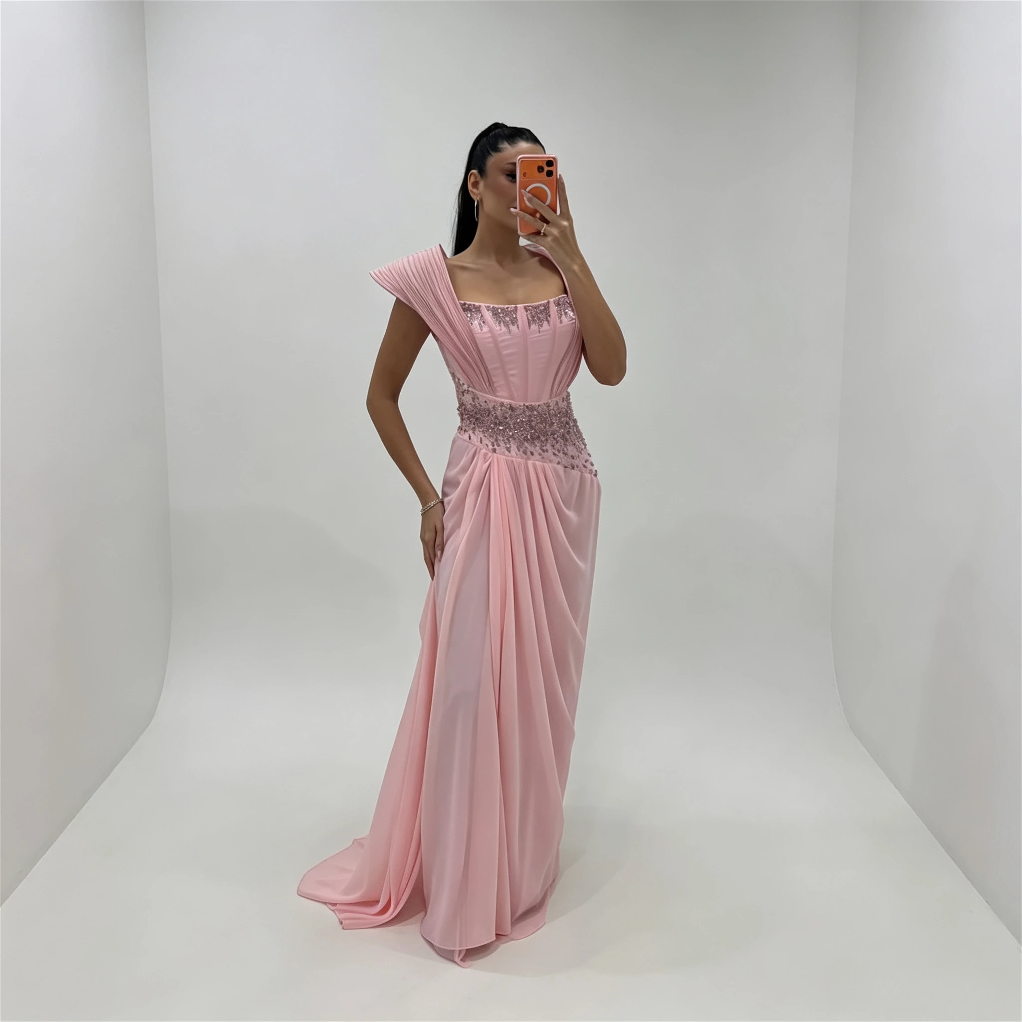 Customized Pink Sheath Chiffon Evening Dress Crystal Sequined Square Neck Cap Sleeve Draped Arabia Formal Wedding Party Gown