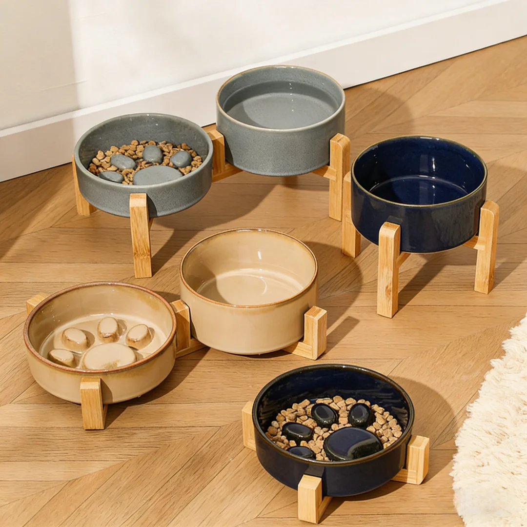 Elevated Ceramic Pet Bowl, Anti-Tip Slow Feeder Dog Cat Food Water Bowl, Neck Protection Raised Bowl for Healthy Digestion
