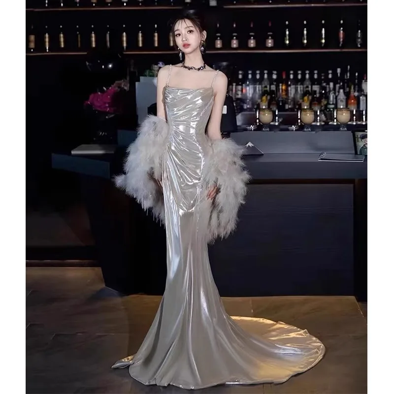 Silver Shiny Evening Dress Morning Gowns 2024 New High-End Sense Light Luxury Minority Birthday Party Sling Toast Dress