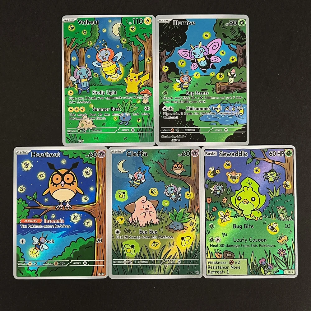 cartas-pokemon-ptcg-colecao-iluminada-cleffa-sewaddle-hoothoot-volbeat-5-pecas-cartas-raras-holo-presente-pokemon