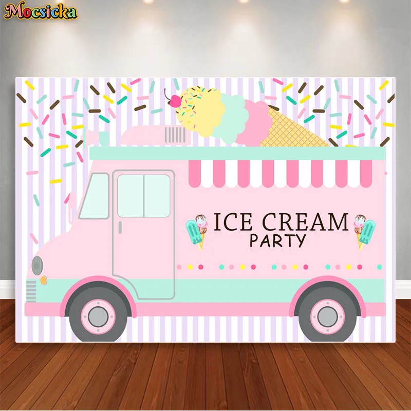 Ice Cream Truck Shop Backdrop Baby Girls Birthday Party Pink Car Photography Background Cake Table Decorations Banner Supplies