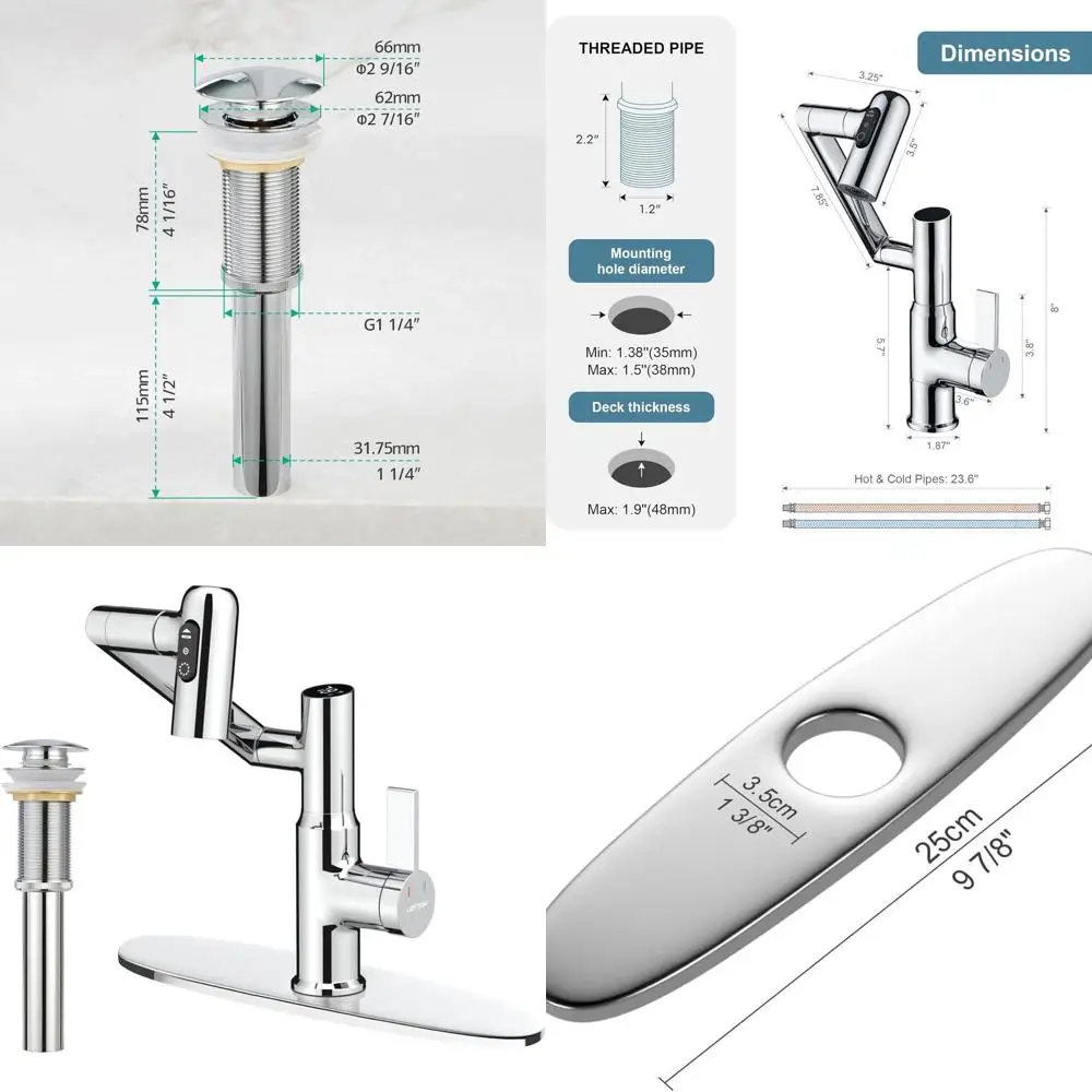 

10 Chrome Rotatable Bathroom Sink Faucet with Pop-up Drain and Cover Plate