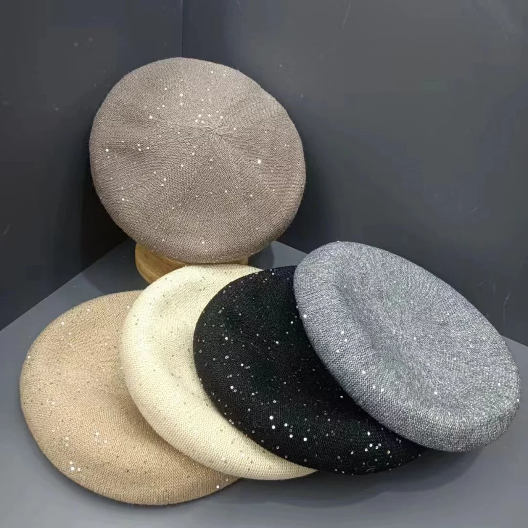 2024 autumn and winter new velvet sequined beret women's versatile face enhancing small artist hat trendy and fashionable hat