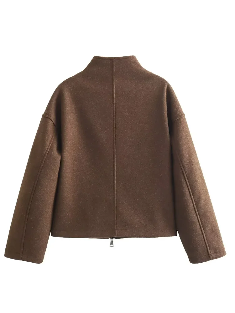 Vintage Women Brown Jacket 2024 Fashion Spring Autumn Ladies Casual Commute Double Zipper Jacket Long Sleeve Coat