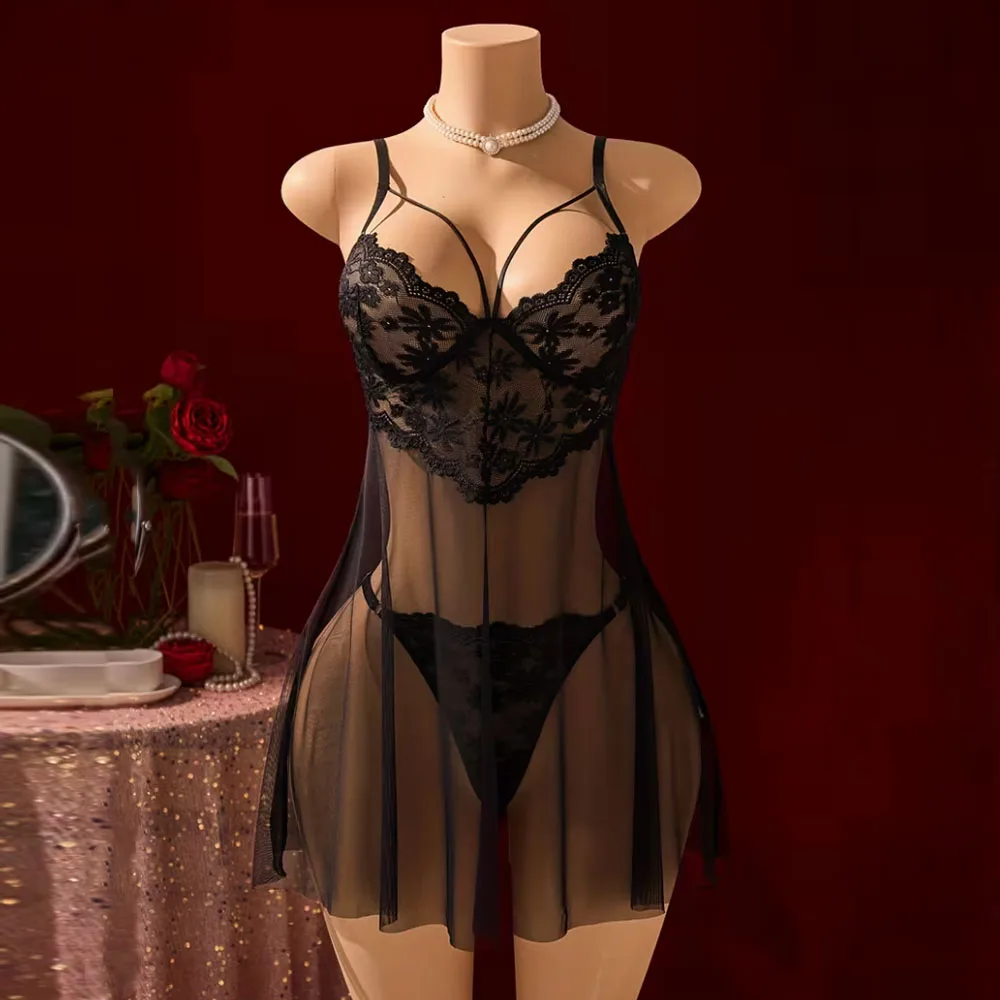 

Женское черное нижнее белье, короткая ночная рубашка, элегантная высококачественная пижама с кружевной отделкой, однослойная полупрозрачная сексуальная пижама с глубоким v-образным вырезом