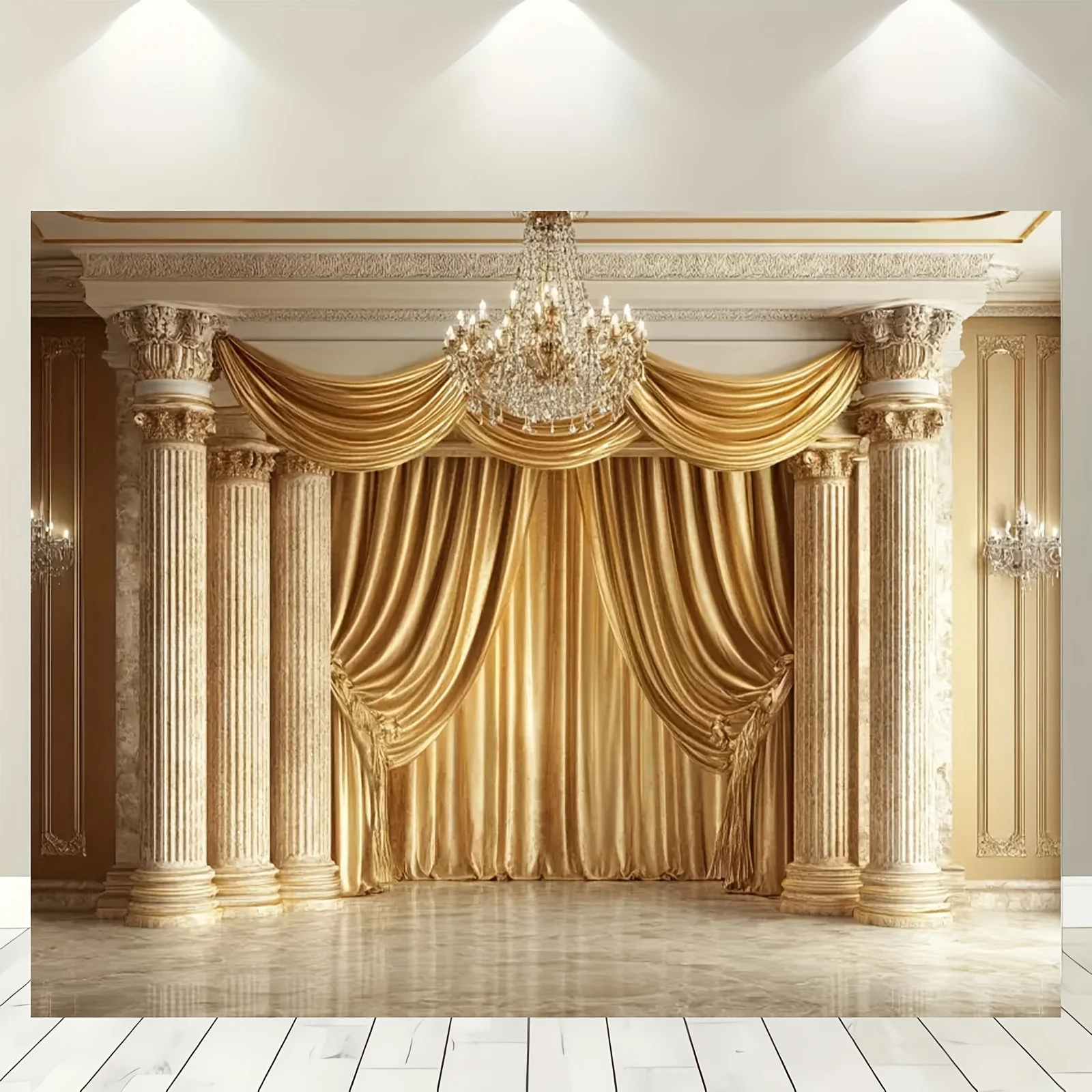 Ein luxuriöser Hintergrundstoff aus goldenem und weißem Polyester mit großen Bögen, Kronleuchtern und Vorhangdesigns