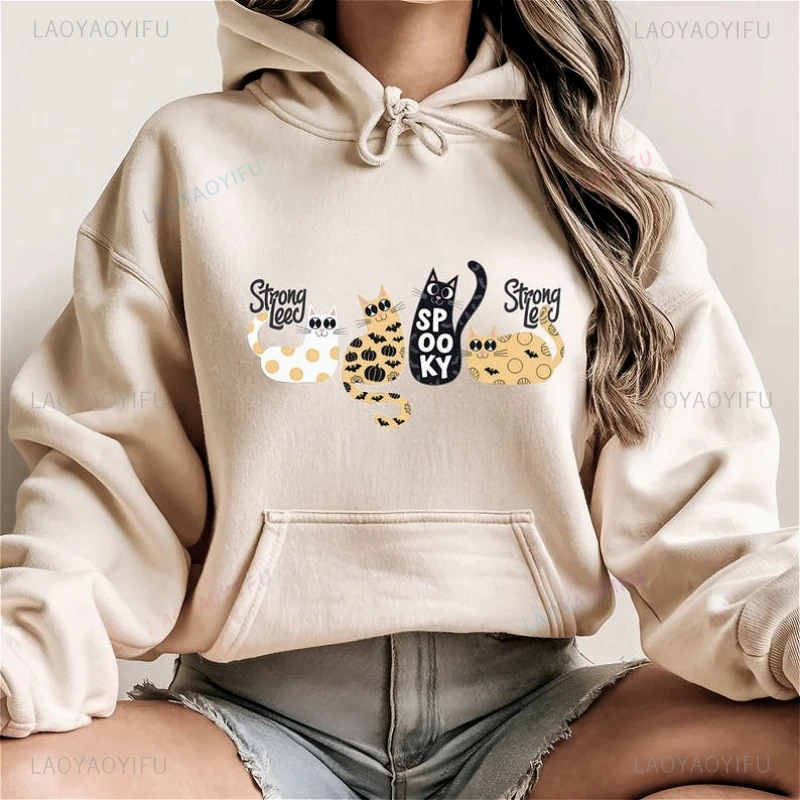 Spooky Cats Halloween Hoodie Patterned Kitty Pullover Animal Lovers Gift Funny Pattern Sweater Women's Pullover Sweatshirt