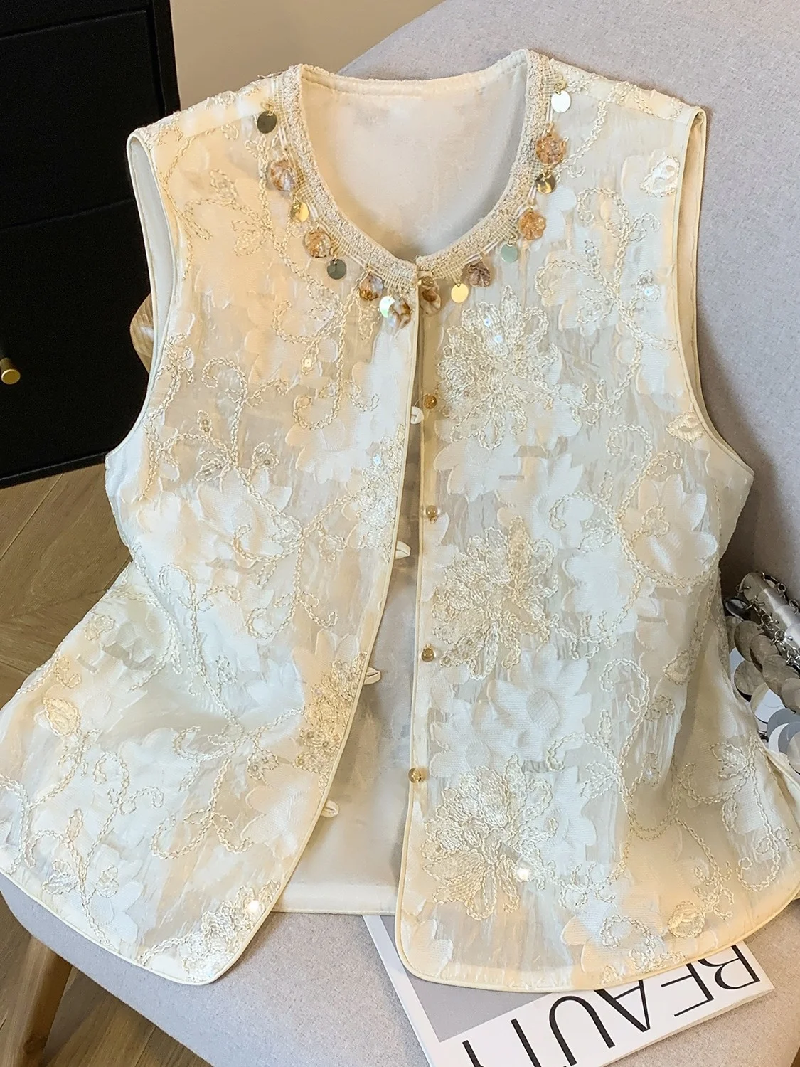 

Ele Embroidered Hook Flower Vest Women's Summer New Chinese Sle round Ne Svel Split Bal Top Commute