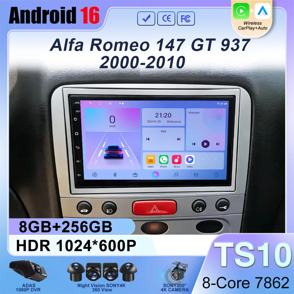 Android 16 Car Radio For Alfa Romeo 147 GT 937 2000-2010 GPS Navigation Android Auto Carplay Wifi Screen Stereo Display No 2din