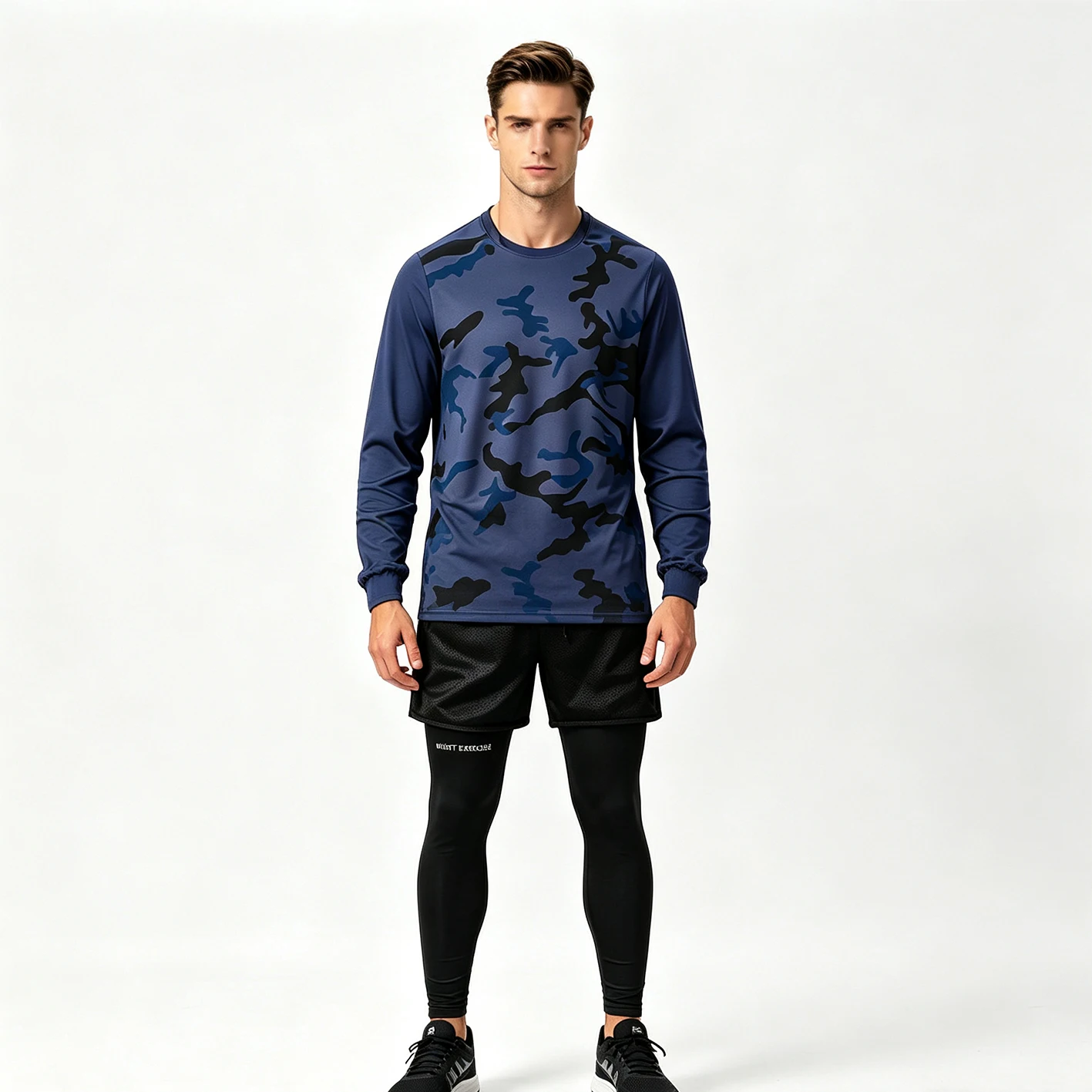 Men 2‑Piece Sports Suit Back Printed Camo Long Sleeve T‑Shirt 2 in 1 Shorts 5 Colors Gym Running Training Sportswear Set