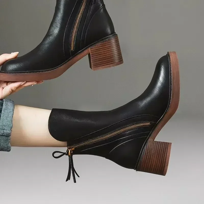 2024 New Versatile Style Retro Ankle Boots High Heels Women Fashion Boot Rubber Leather Autumn Winter New Women\'s Shoes 34