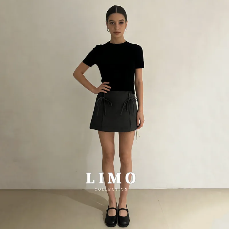 

Новая женская мини-юбка LIMO 2026 с завышенной талией, декором в виде банта, однотонная, серая, черная, повседневная, модная, короткая юбка