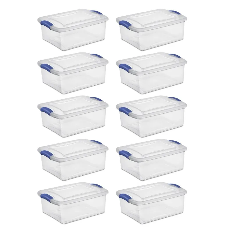 

15 Quart Latch Box, Clear Storage Bin with Clear Lid, Blue, 10 Count