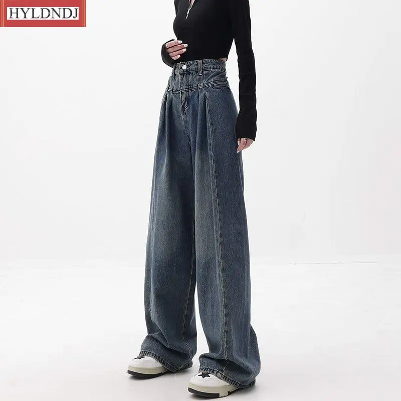 Retro yıkanmış yüksek bel gevşek geniş bacak mavi Denim pantolon yeni moda rahat ince pantolon pantolon pantolon kot pantolon Womens küçültmek