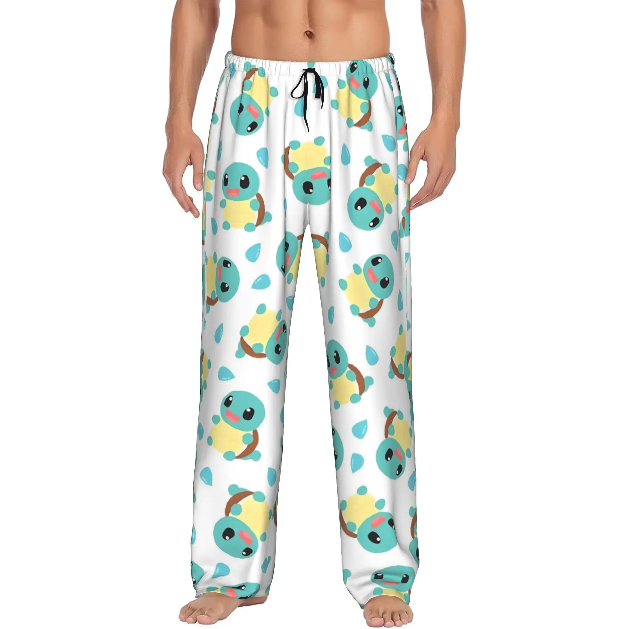 Custom S-Squirtled Turtle Cartoon Pajama Pants for Men Anime Sleepwear Lounge Sleep Bottoms Stretch with Pockets