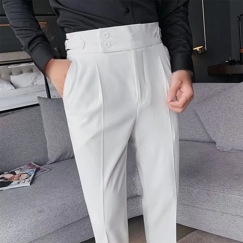 2026 Spring Summer Men White High Waist Straight Pants, Double Buckle Belt Slim Fit Korean Style Business Casual Trousers view 5