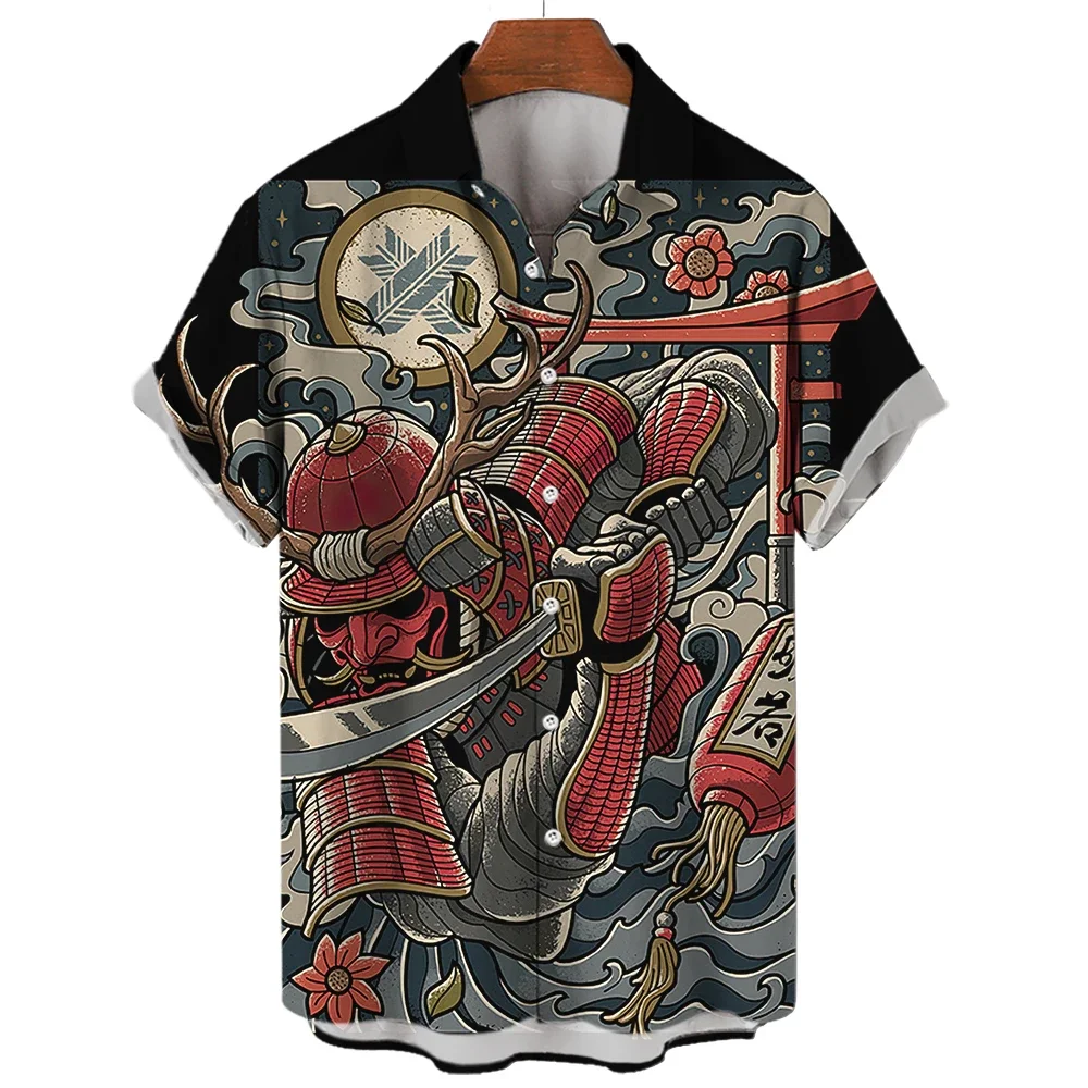 2026 Aggressive China-Chic God Beast Door God Creative Printing Short Sleeve Shirt Men's Casual Lapel Top