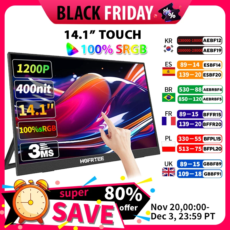 

Портативный дисплей HGFRTEE, 14-дюймовый сенсорный экран, 10-точечный сенсорный экран, портативный экран, подходящий для ноутбука, ПК, Mac Xbox PS4/5
