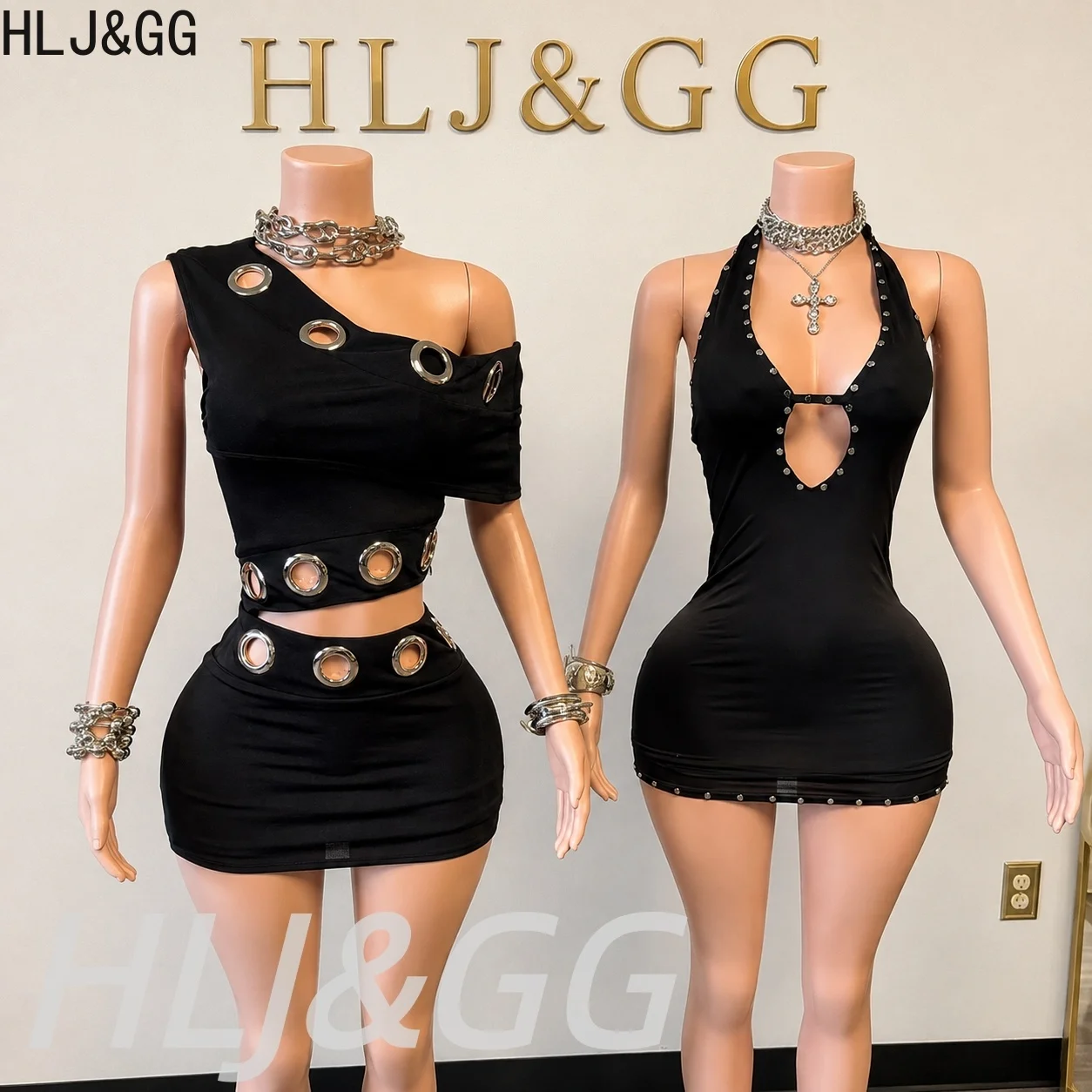 HLJ&GG Fashion One Shoulder Hole Mini Skirts Two Piece Sets Women Slim Crop Top And Skirts Outfit Trend Y2K 2pcs Streetwear 2026