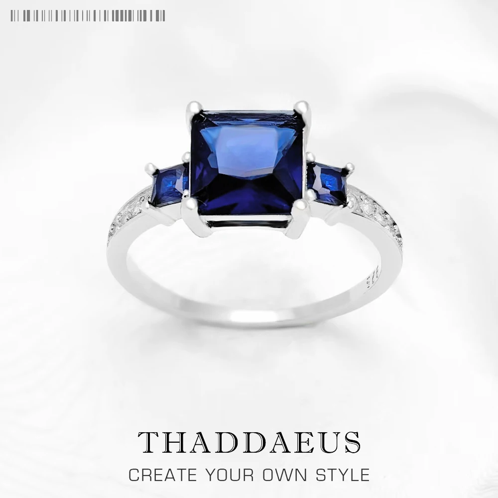 

Cocktail Ring With Square Blue And White Stones,Europe Style Classical Fine Jewerly For Women New Gift In 925 Sterling Silver