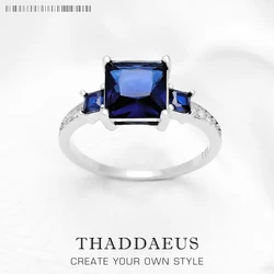 Cocktail Ring With Square Blue And White Stones,Europe Style Classical Fine Jewerly For Women New Gift In 925 Sterling Silver