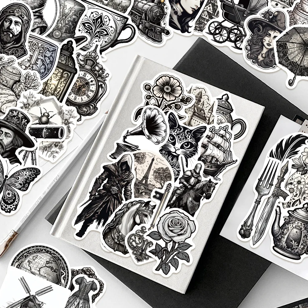 50pcs Retro Black and White Medieval Series Graffiti Stickers Suitable for Helmets Desktop Wall Decoration DIY Sticker Pack