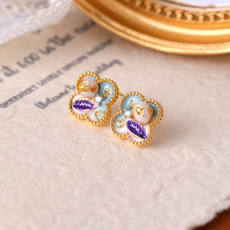 ​ Art Nouveau Edison Clover - Pendientes de perlas de agua dulce, joyería esmaltada de edición limitada ​