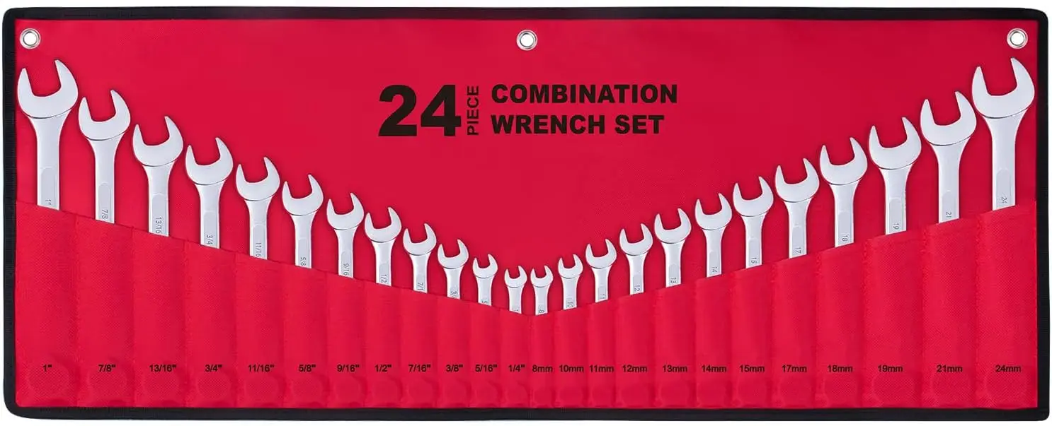 

24-Piece Combination Wrench Set SAE 1/4' to 1', Metric 8mm to 24mm, Roll-up Pouch, for Home, Garage, Auto, Truck, Boat, Travel